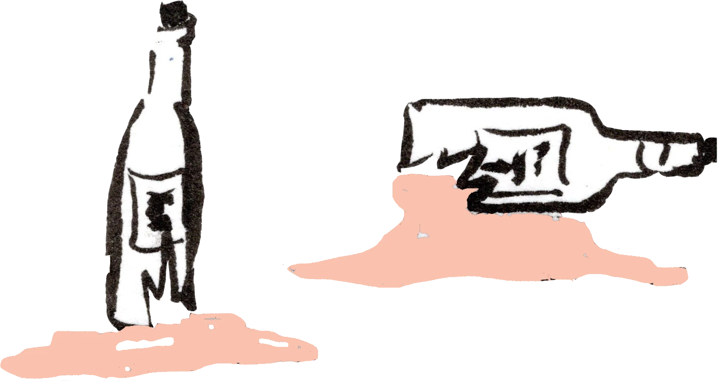 An illustration of two broken wine bottles