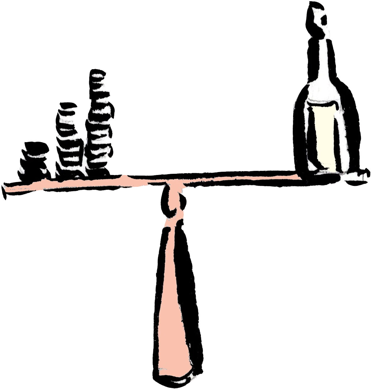 a hand drawn illustration of a bottle of wine balancing the scales with a stack of coins
